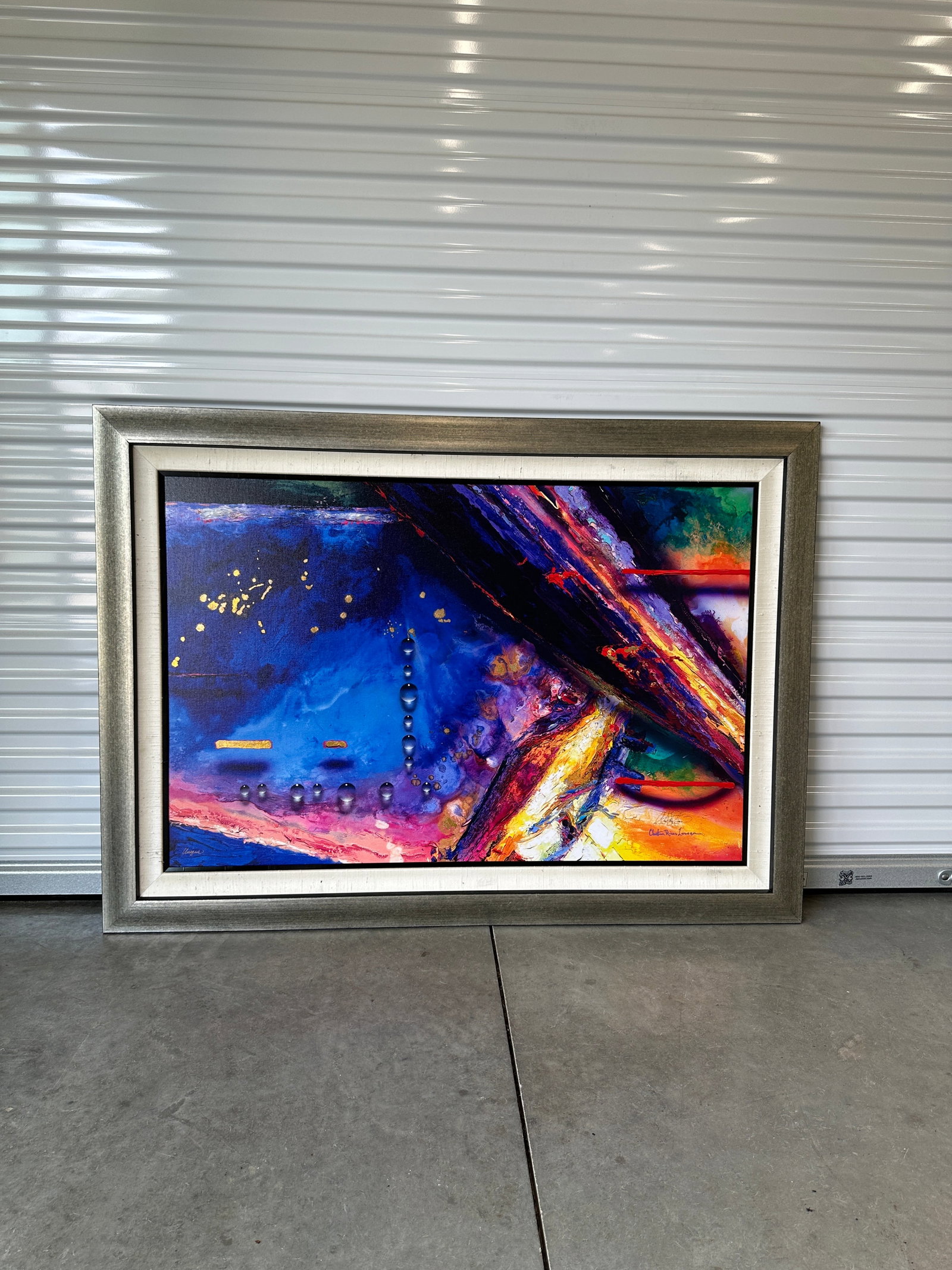 Christian Riese Lassen (American, B. 1949) Mixed Media on Canvas: A striking contemporary abstract mixed media painting features a vivid juxtaposition of brilliant lapis blue, deep purple, fiery yellow, and red hues. The composition is punctuated by linear sequences