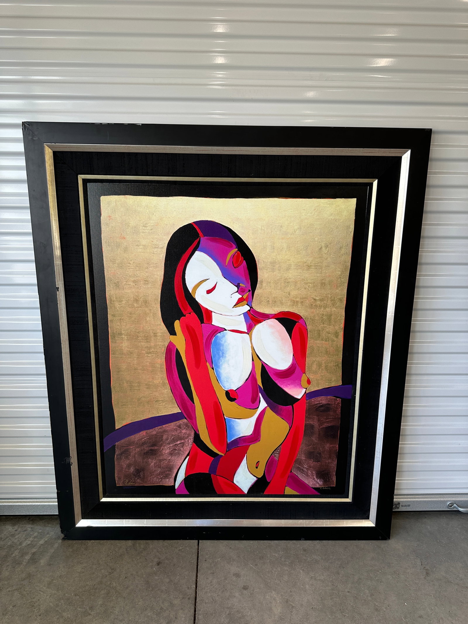 Christian Riese Lassen (American, B. 1949) Mixed Media on Canvas: An abstract expressionist mixed media artwork on canvas depicting a stylized female nude figure. Rendered in a bold palette of magenta, crimson, violet, electric blue, black, and white set against a s