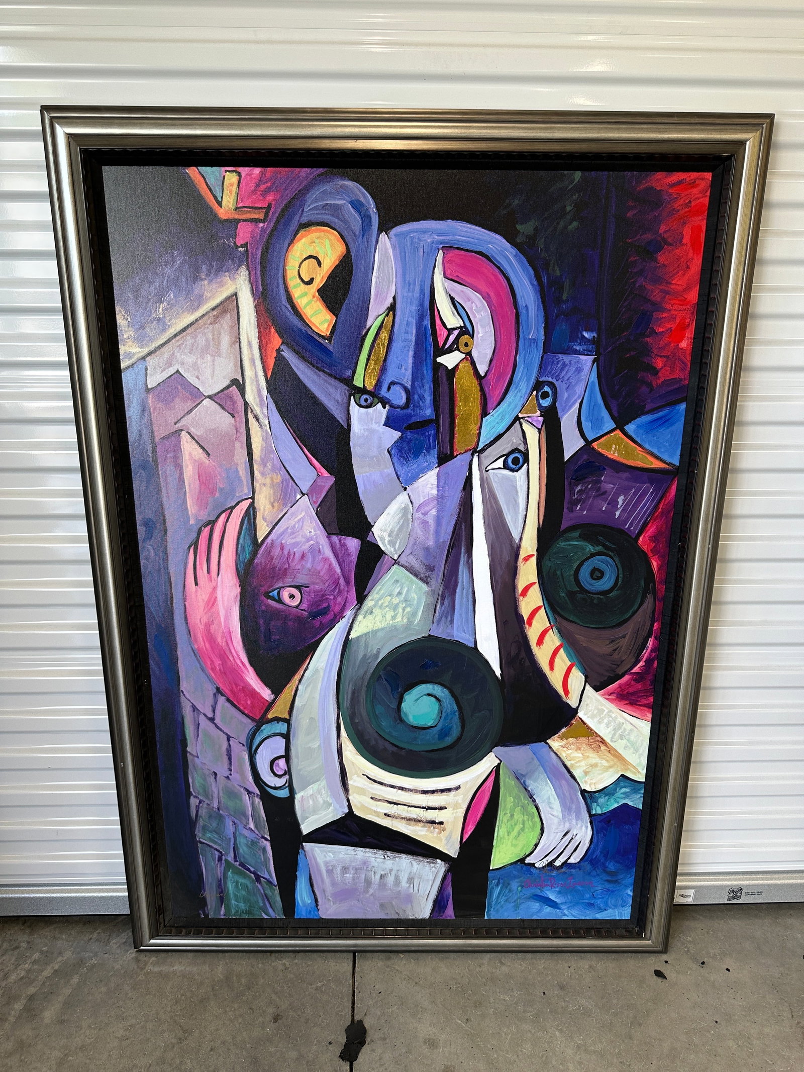 Christian Riese Lassen (American, B. 1949) Mixed Media on Canvas Original Unique Work: A large-scale cubist abstract composition featuring overlapping stylized figures, face profiles, and geometric forms in deep blue, purple, magenta, gold leaf, and turquoise tones. Dual-signed at the l