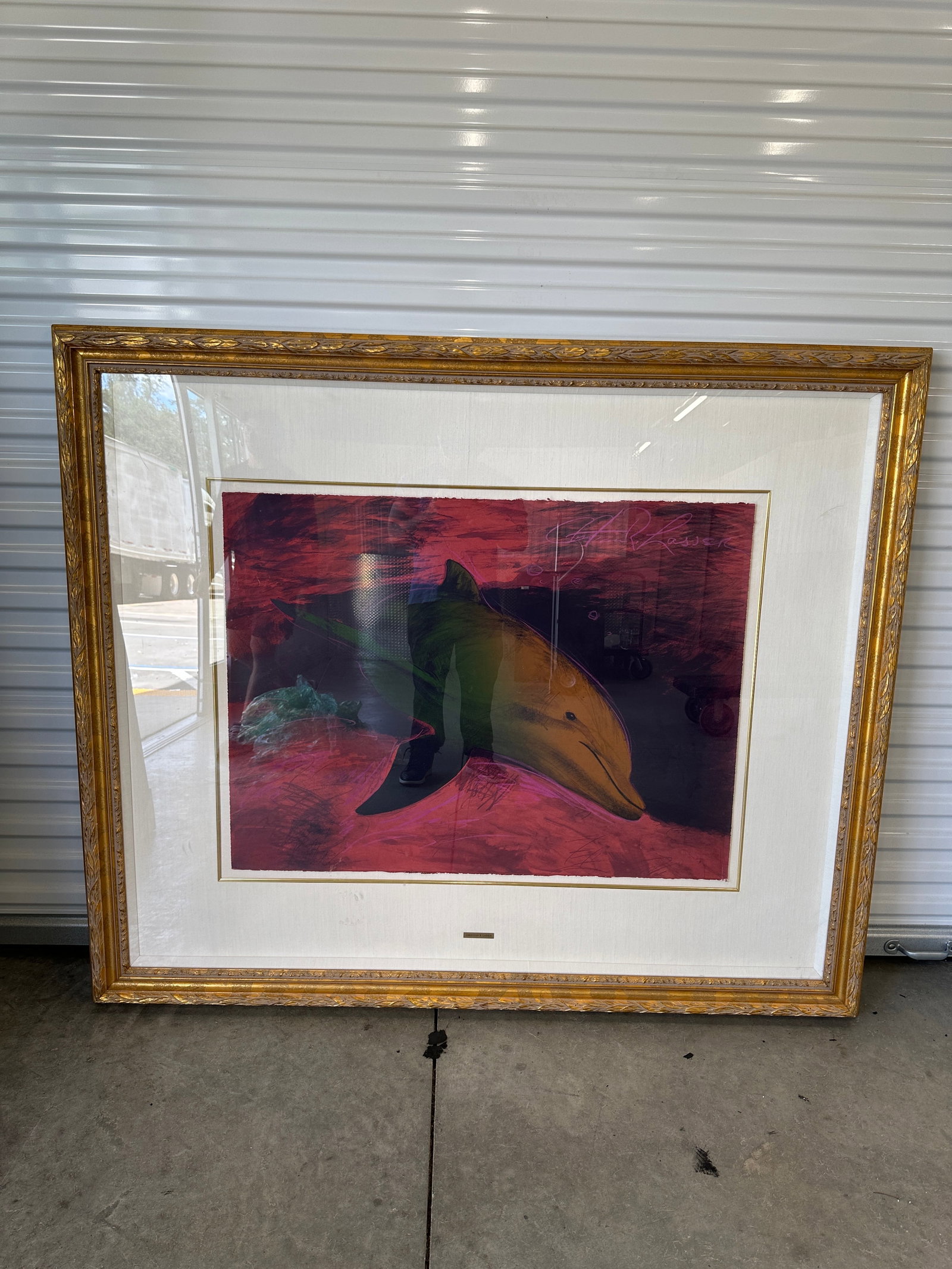 Christian Riese Lassen (American, B. 1949) Mixed Media on Deckle-Edge Paper: A mixed media artwork on deckle-edge paper depicting a stylized dolphin swimming through deep crimson and violet waters with gestural graphic accents. Hand-signed "Christian R. Lassen" in ma
