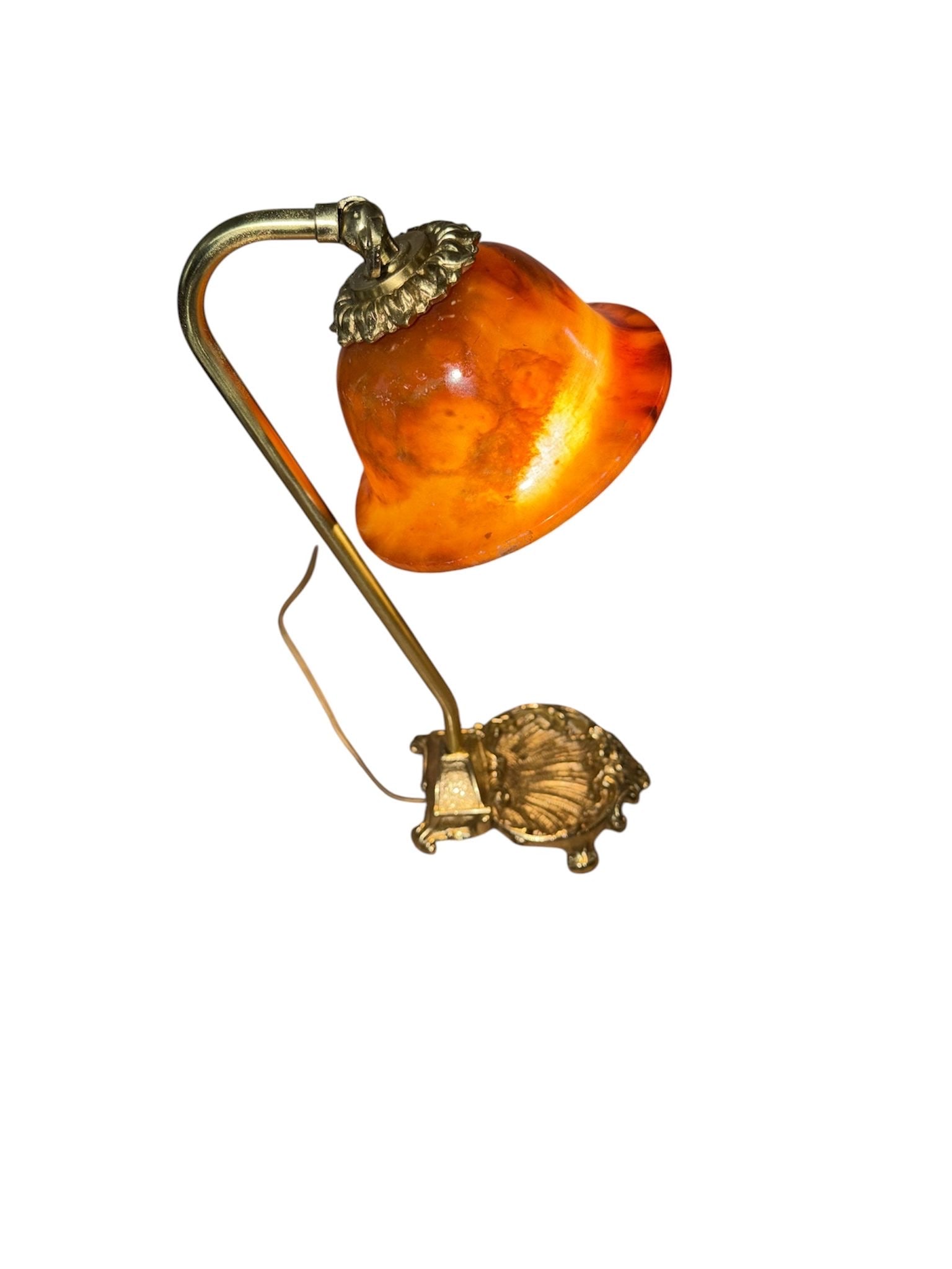 Antique Art Nouveau Cast Bronze "Sea Shell" Gooseneck Boudoir Lamp with Mottled Alabaster Glass: An exceptional antique Art Nouveau period boudoir desk lamp featuring a beautifully cast bronze gooseneck arm and base. The heavy ornate base is expertly fashioned in the form of a scalloped sea