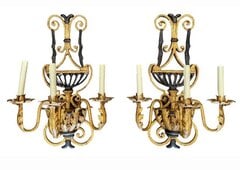 Pair of Hollywood Regency Style Three-Light Gilt & Black Cast Metal Wall Sconces (1 of 5)
