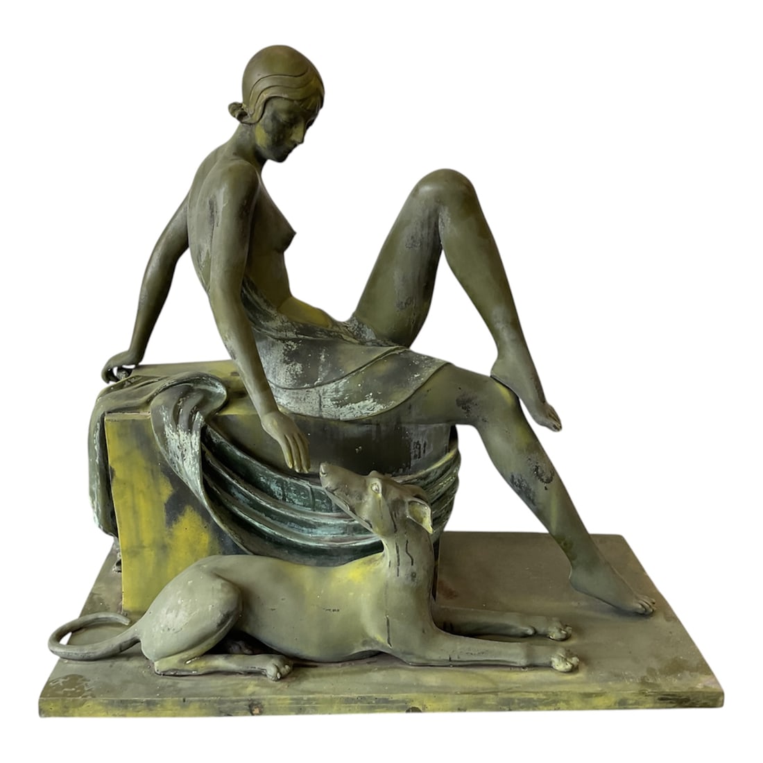 "Seated Nude with Greyhound" After Ferdinand Preiss (Germany, 1882-1943) Bronze Sculpture: This Art Deco style bronze-finished metal sculpture depicts a seated semi-nude woman resting on a draped plinth with a greyhound reclining at her feet. The figure features stylized short hair, f