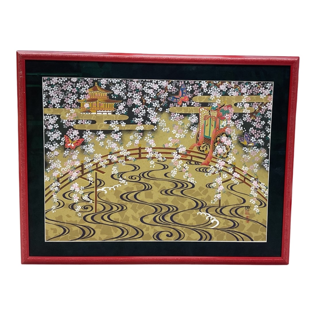 "Japanese Garden Scene with Cherry Blossoms and Carriage" Screen Print (1 of 2)