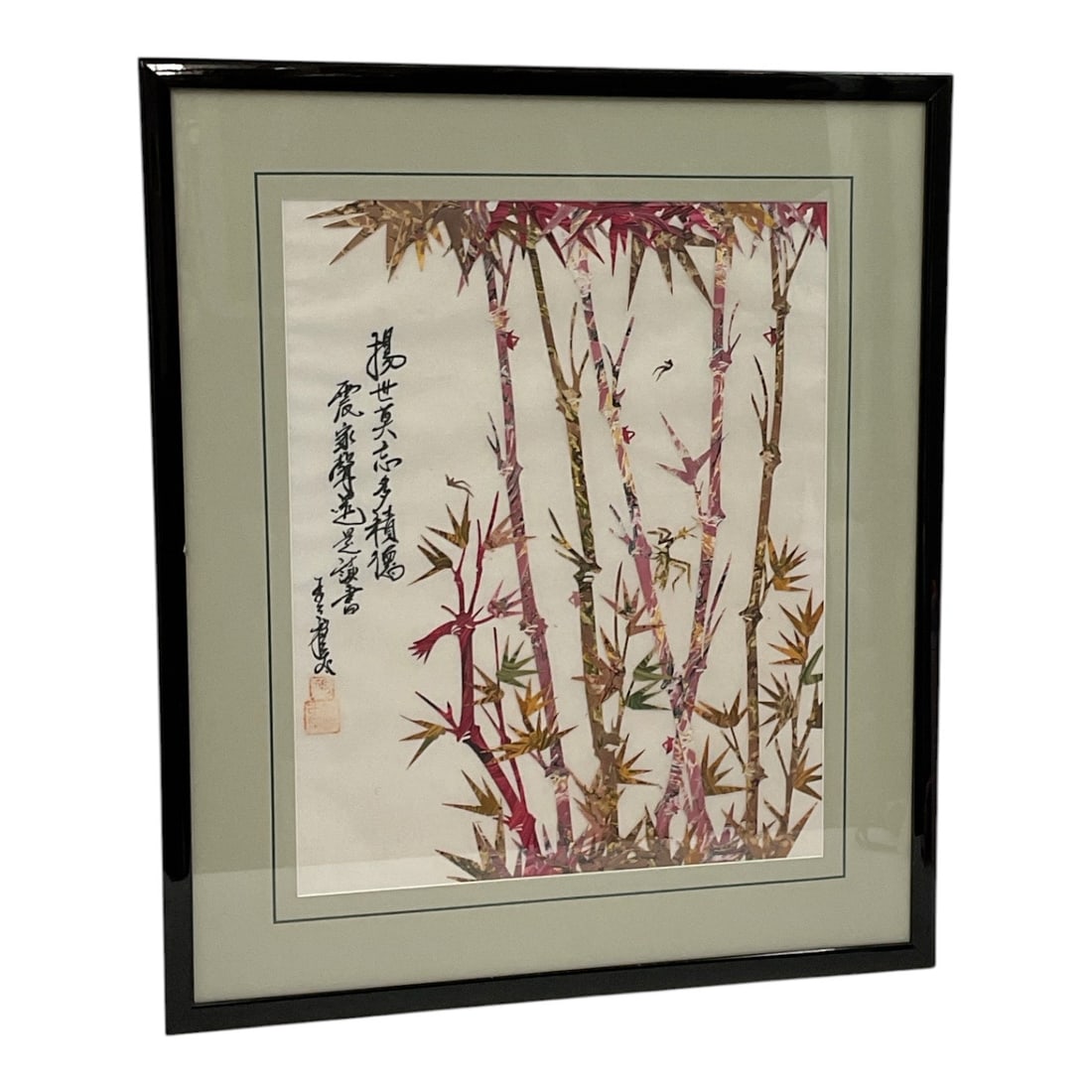 Bamboo Stalks with Traditional Chinese Calligraphy: This vintage Asian collage artwork depicts tall bamboo stalks crafted from cut marbled and patterned papers in tones of red, green, gold, and brown, with detailed insects positioned among the leaves. 