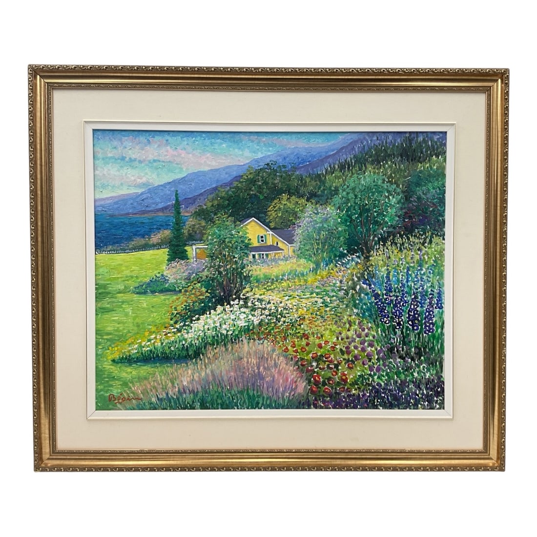 "Vermont In Bloom Perfume" by Guy Begin (Canadian, B. 1947) Oil Painting: This impressionistic oil painting on canvas by Canadian artist Guy Bégin features a vibrant summer landscape in Vermont centered on a yellow house set against rolling blue mountains and lush gr