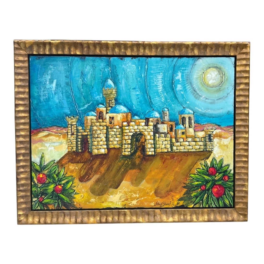 "Jerusalem Citadel with Pomegranate Trees" by Haim Sherrf (Israel, B. 1972) Mixed Media Painting: This textured Judaica painting on canvas by Israeli artist Haim Sherrf depicts a stylized view of Jerusalem with domed stone structures and ancient city walls set beneath a radiant, textured sky. In t