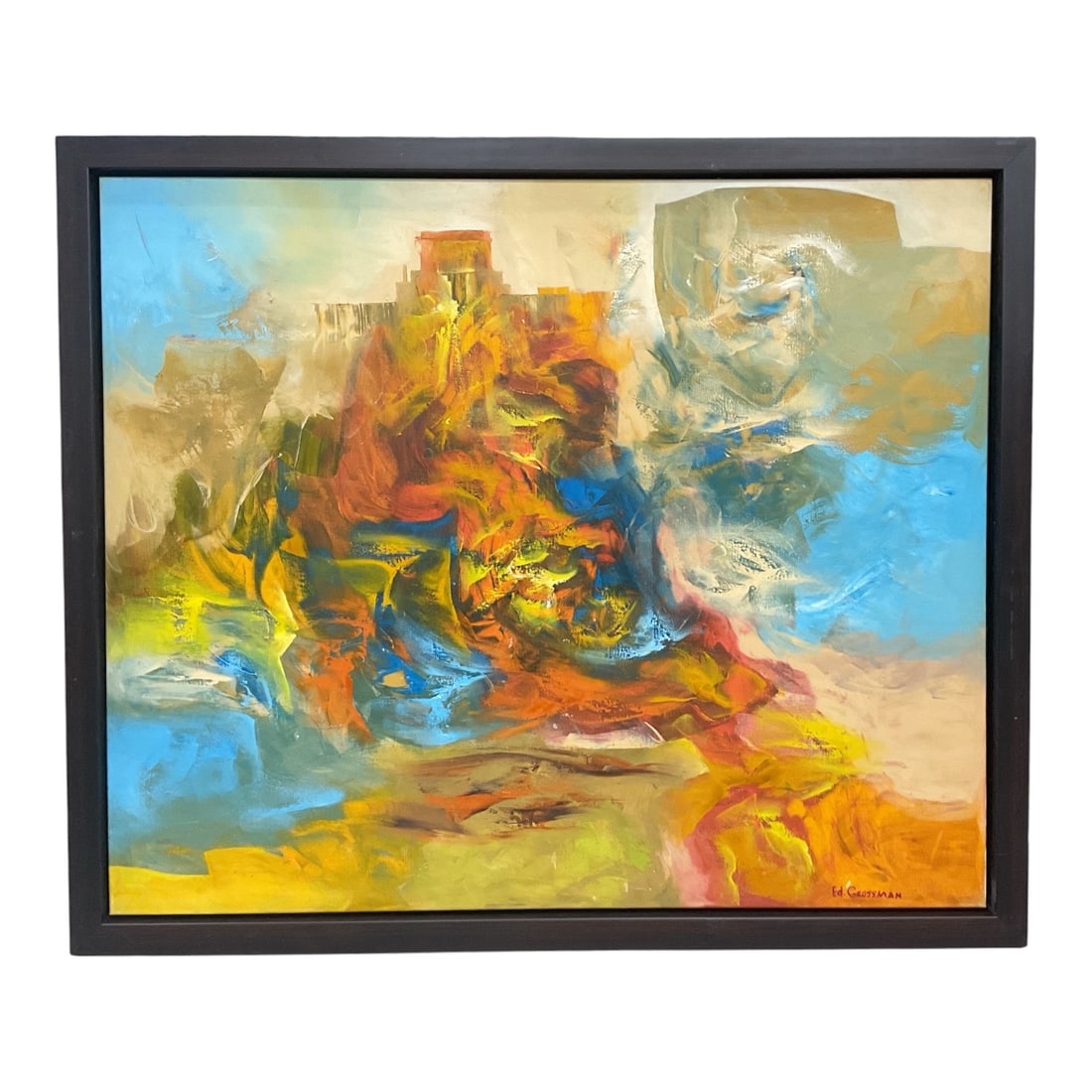 Abstract Landscape by Ed Grossman (American, B. 1930) Oil Painting: This large-scale abstract expressionist oil painting on canvas by Ed Grossman features a dynamic, textured composition of gestural brushstrokes and layered palette knife work. Rendered in a rich color