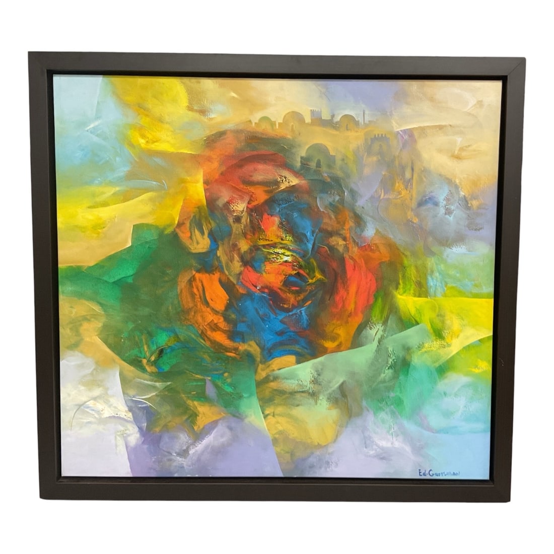 Eduard Grossman (Russia, B. 1930) Oil on Canvas: This large-scale abstract expressionist oil painting on canvas by Eduard Grossman features a dynamic composition of rich, impasto brushwork in shades of crimson, orange, cobalt blue, yellow, and emera