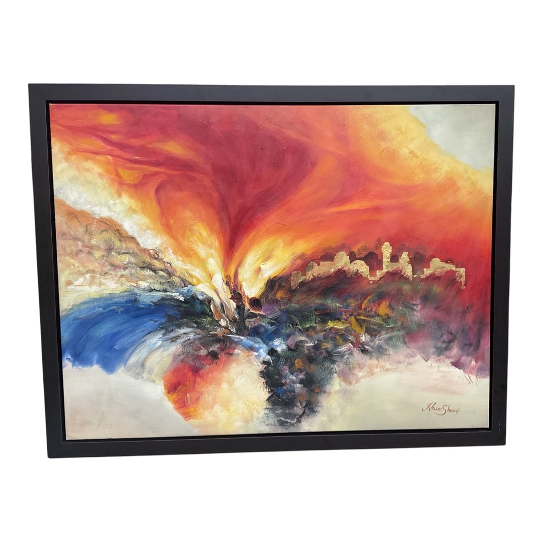 Haim Sherrf (Israel, B. 1972) Mixed Media on Canvas: This dynamic abstract expressionist Judaica painting by Israeli artist Haim Sherrf features a fiery composition of swirling red, orange, and yellow hues contrasted against deep blue and neutral tones.