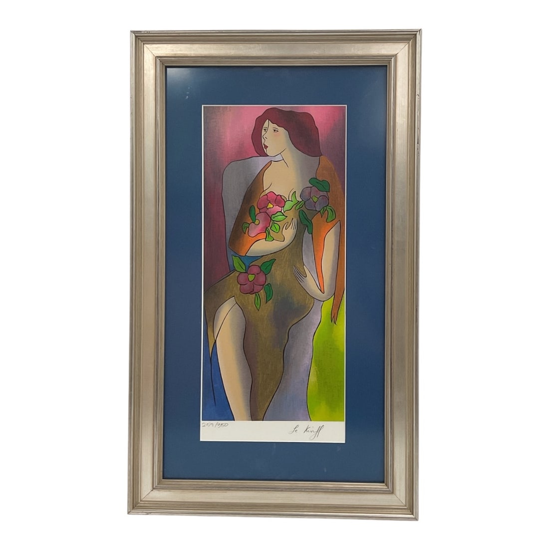 Rosaline by Linda Le Kinff (France, B. 1949) Serigraph: This limited-edition serigraph on paper by French artist Linda Le Kinff features a stylized portrait of a seated woman draped in fabric and clutching pink blossoms. Rendered in Le Kinff's signatur