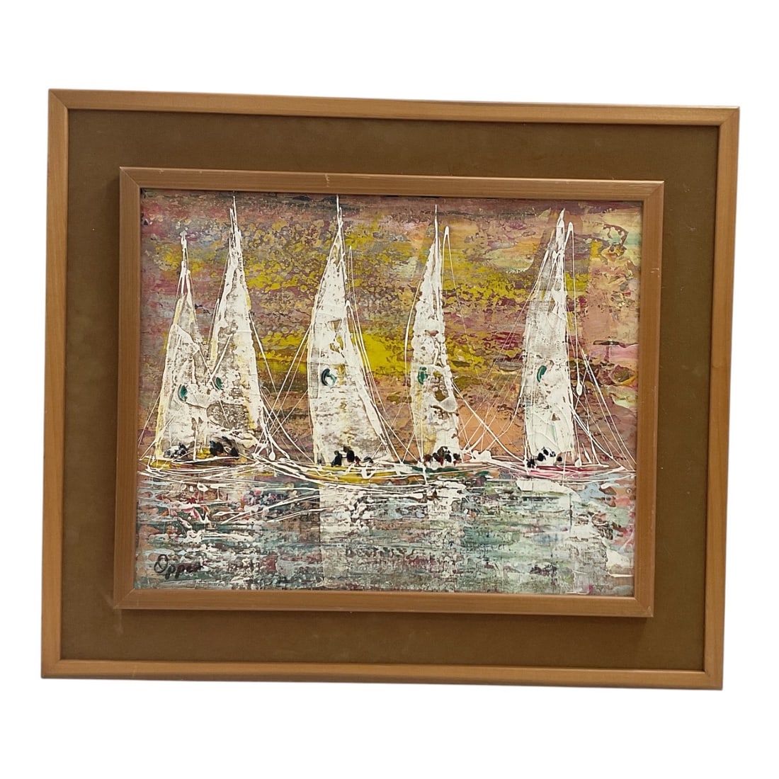Regatta at Sunset Signed Opper Oil on Canvas: This mid-century modern impasto painting on canvas depicts a fleet of sailboats gliding across textured waters under a warm, sunset-hued sky. Rendered with rich palette knife work, heavy impasto white