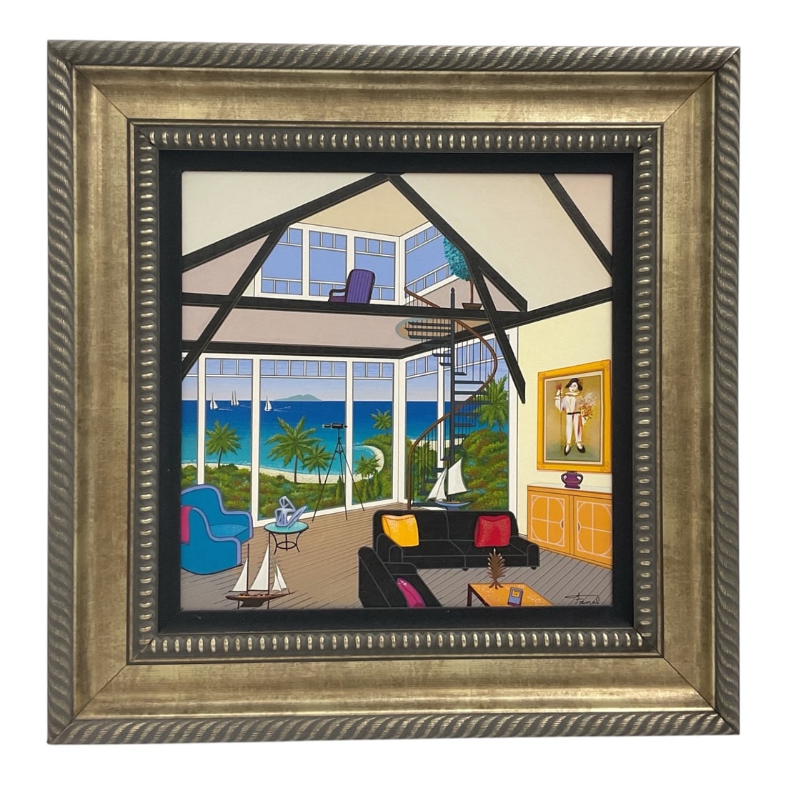 Duplex over Stinson by Fanch Ledan (France, B. 1949) Serigraph on Canvas: “Penthouse Over the Bay,” a hand-embellished serigraph on canvas by French artist François “Fanch” Ledan. The composition depicts a sophisticated contemporary penthouse 