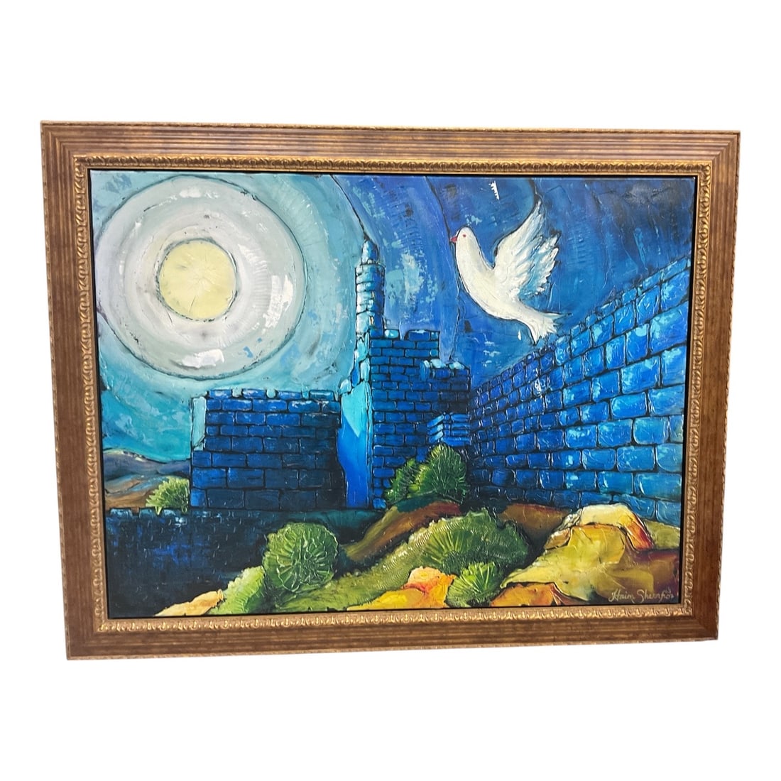 Dove of Peace by Haim Sherrf (Israel, B. 1972) Mixed Media on Canvas: This large-scale expressionist Judaica painting by Israeli artist Haim Sherrf depicts a white peace dove soaring above the ancient walls of Jerusalem bathed in deep blue and turquoise hues. Features h