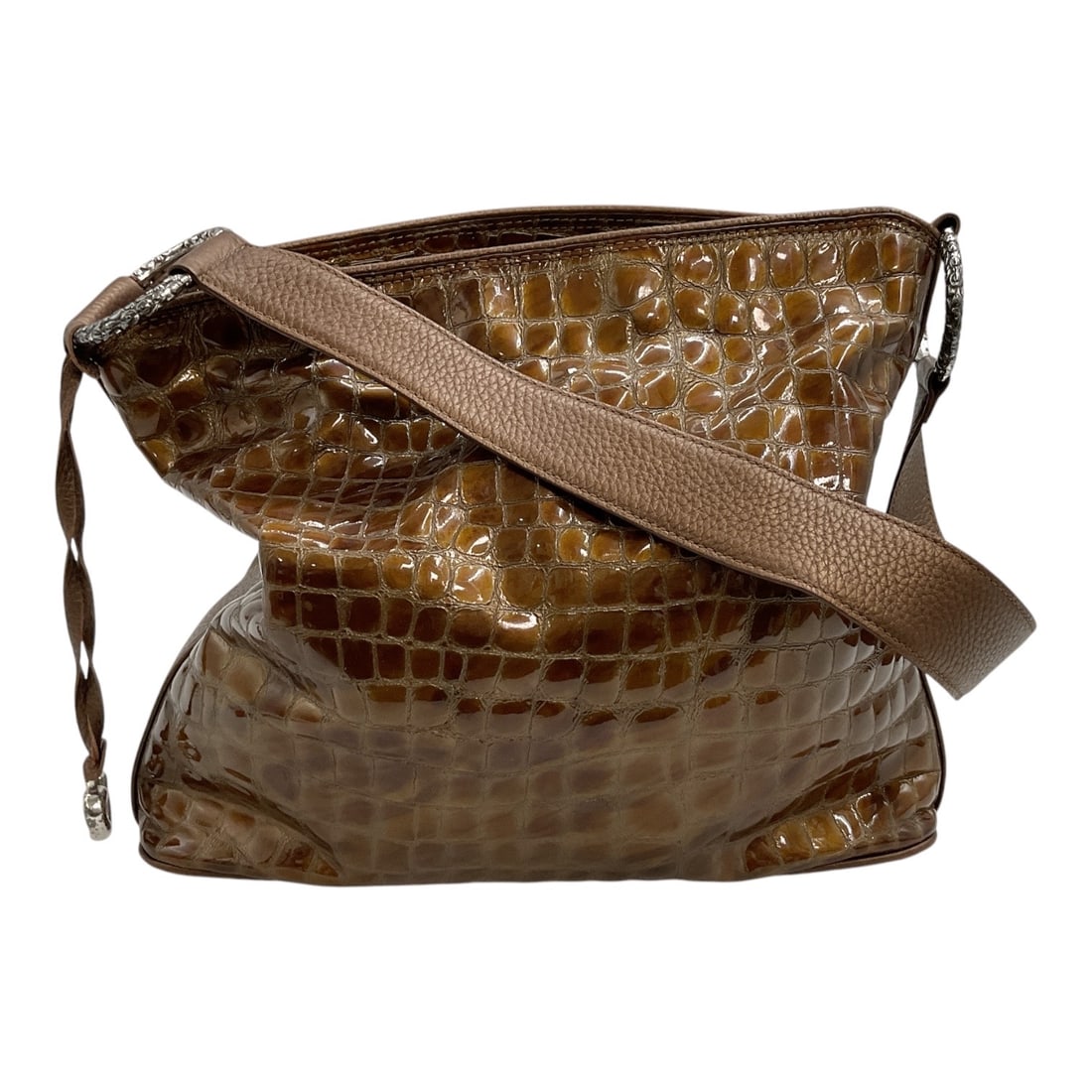 Brighton Cher Bronze Croc-Embossed Patent Leather Hobo Bag: Brighton Cher hobo shoulder bag crafted in glossy bronze-brown croc-embossed patent leather with coordinating pebbled leather trim. The bag features a wide single shoulder strap, zip-top closure, silv