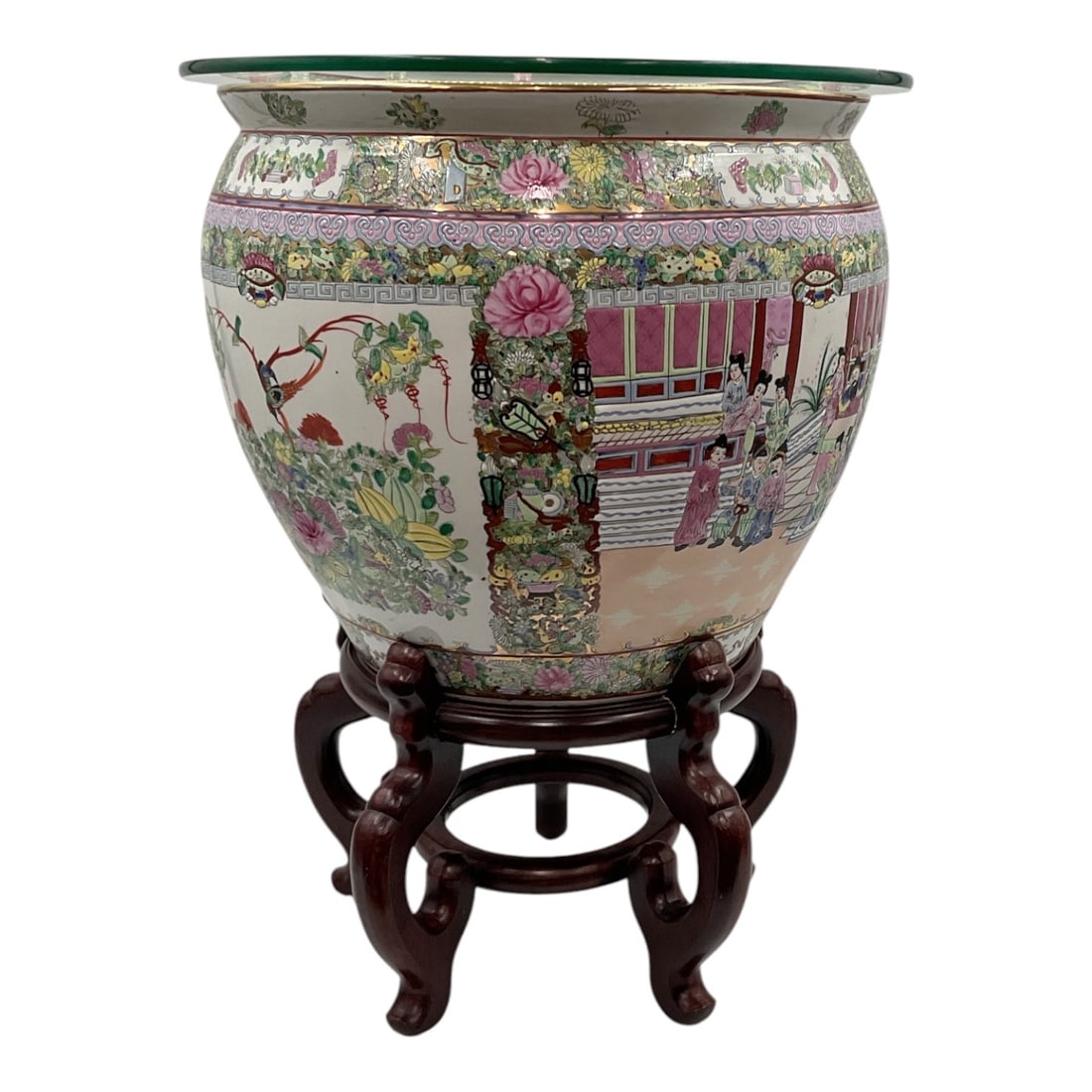 Chinese Rose Medallion Porcelain Fish Bowl on Carved Wood Stand: This monumental Chinese Rose Medallion porcelain fishbowl features traditional polychrome enamel panels depicting courtiers in palace settings, alternating with panels of flora, fauna, birds, and butt