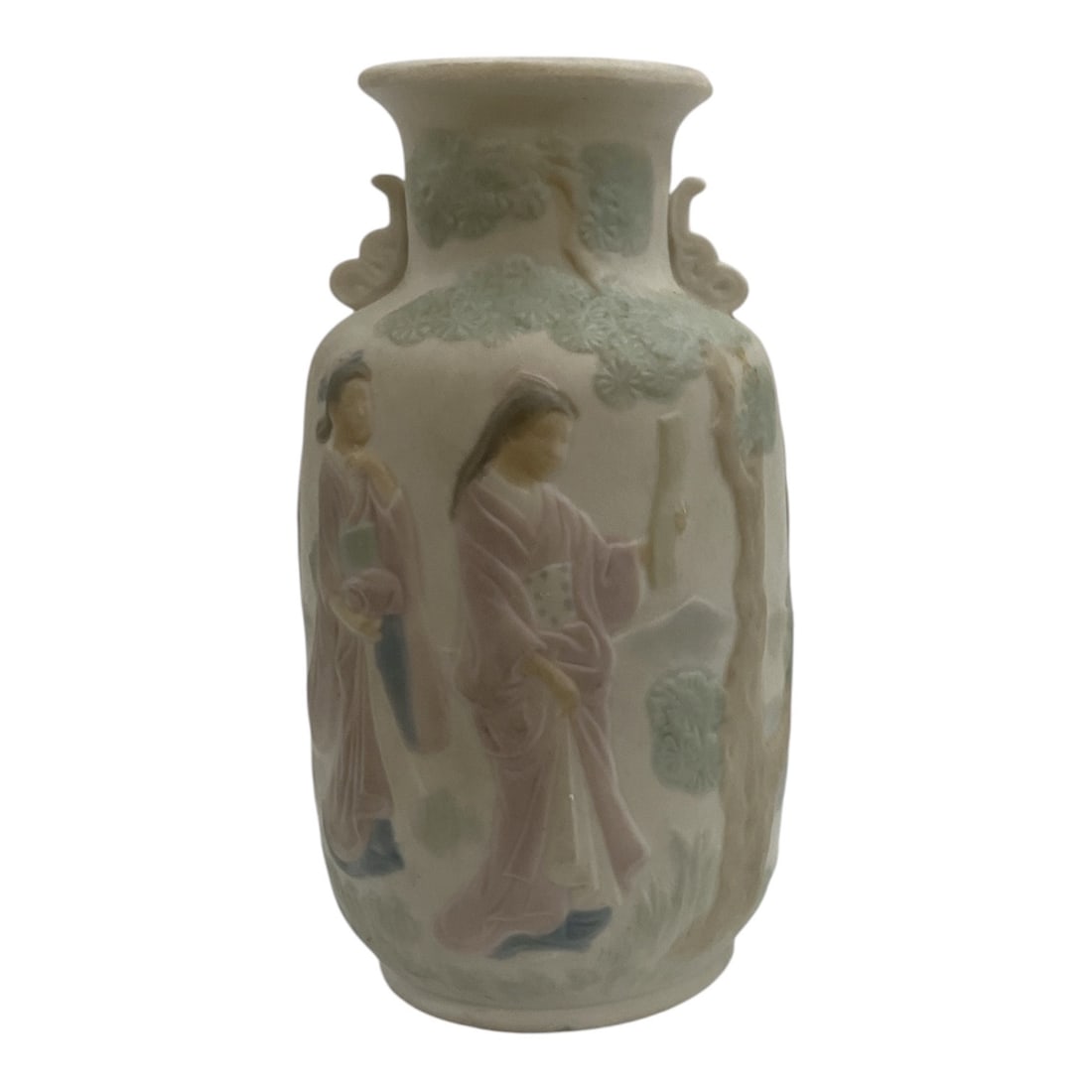 Lladro Japanese Porcelain Miniature Vase: Vintage Lladró porcelain “Japanese Vase,” featuring delicate relief decoration of Japanese figures within a traditional garden setting. The baluster-form vessel is finished in Lladr