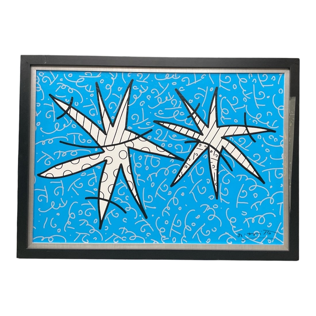 "Night Stars" by Romero Britto (Brazil, B. 1963) Acrylic and Mixed Media on Canvas: This vibrant contemporary neo-pop painting by celebrated artist Romero Britto is titled "Night Stars." The composition features two large, interlocking stylized stars rendered with bold blac