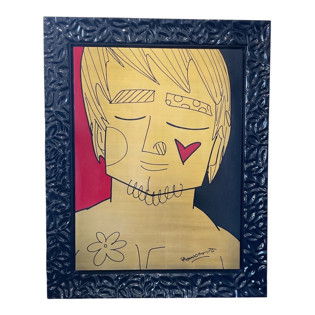 "Young" by Romero Britto (Brazil, B. 1963) Acrylic and Mixed Media on Canvas: This striking contemporary neo-pop painting by renowned artist Romero Britto features a stylized, minimalist portrait of a young man titled "Young." The figure is rendered with Britto's 