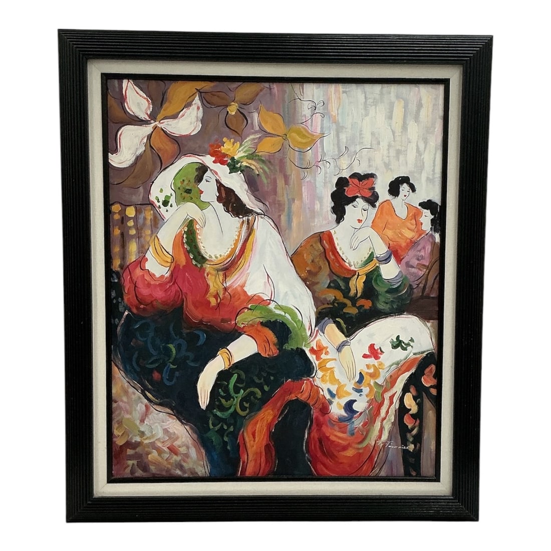 Untitled by Fournier (France, 1931-2022) Oil on Canvas: Original oil painting on canvas by French artist Jean Fournier, depicting a vibrant interior scene with elegantly dressed women in rich tones of red, green, and black, signed by the artist in the lowe