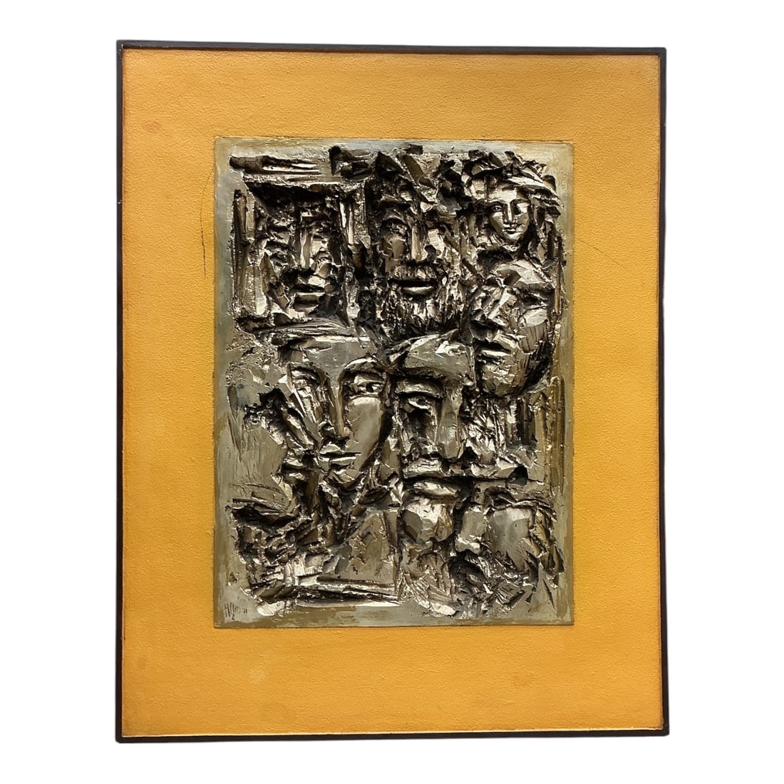 H.G. Modern Mixed Media Wall Sculpture: A Mid-Century Modern brutalist-style high-relief wall sculpture depicting a cluster of stylized human faces. Executed with heavily textured, expressive modeling in a metallic silver and bronze finish.