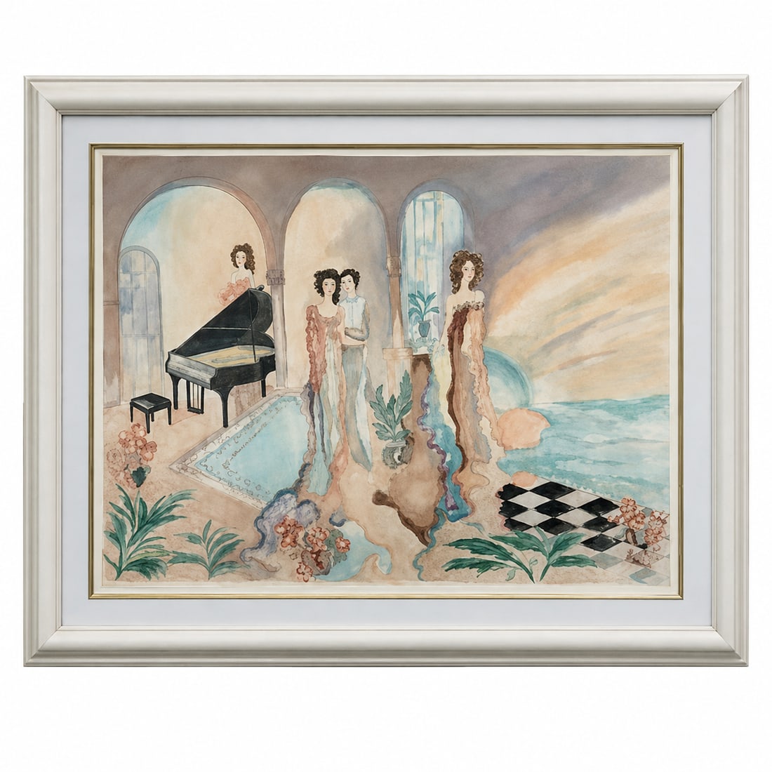 Balearic Breeze by Jan Bazinet (Canada, 1949-present) Serigraph: Original watercolor on paper by Canadian artist Jan Bazinet, depicting a stylized interior scene with figures, a grand piano, and checkerboard floor elements, signed by the artist in the lower right a