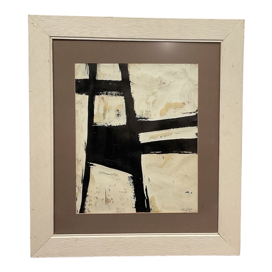 Attributed to Franz Kline (American, 1910–1962) Oil on Bristol Board: This abstract expressionist work features bold, sweeping black strokes against an off-white background. Signed in the lower right, the piece is housed in a white-grained frame with a brown mat and non