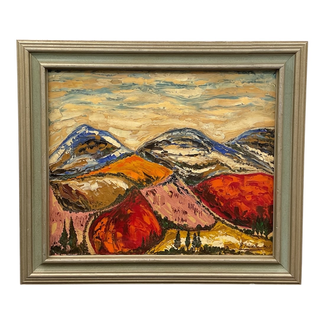 Attributed to Benjamín Palencia (Spanish, 1894–1980) Oil on Canvas: This textured impasto oil painting captures a vibrant rural landscape featuring rolling colorful hills, structured mountain forms, and slender cypress trees under a dynamic, expressive sky. The piece 