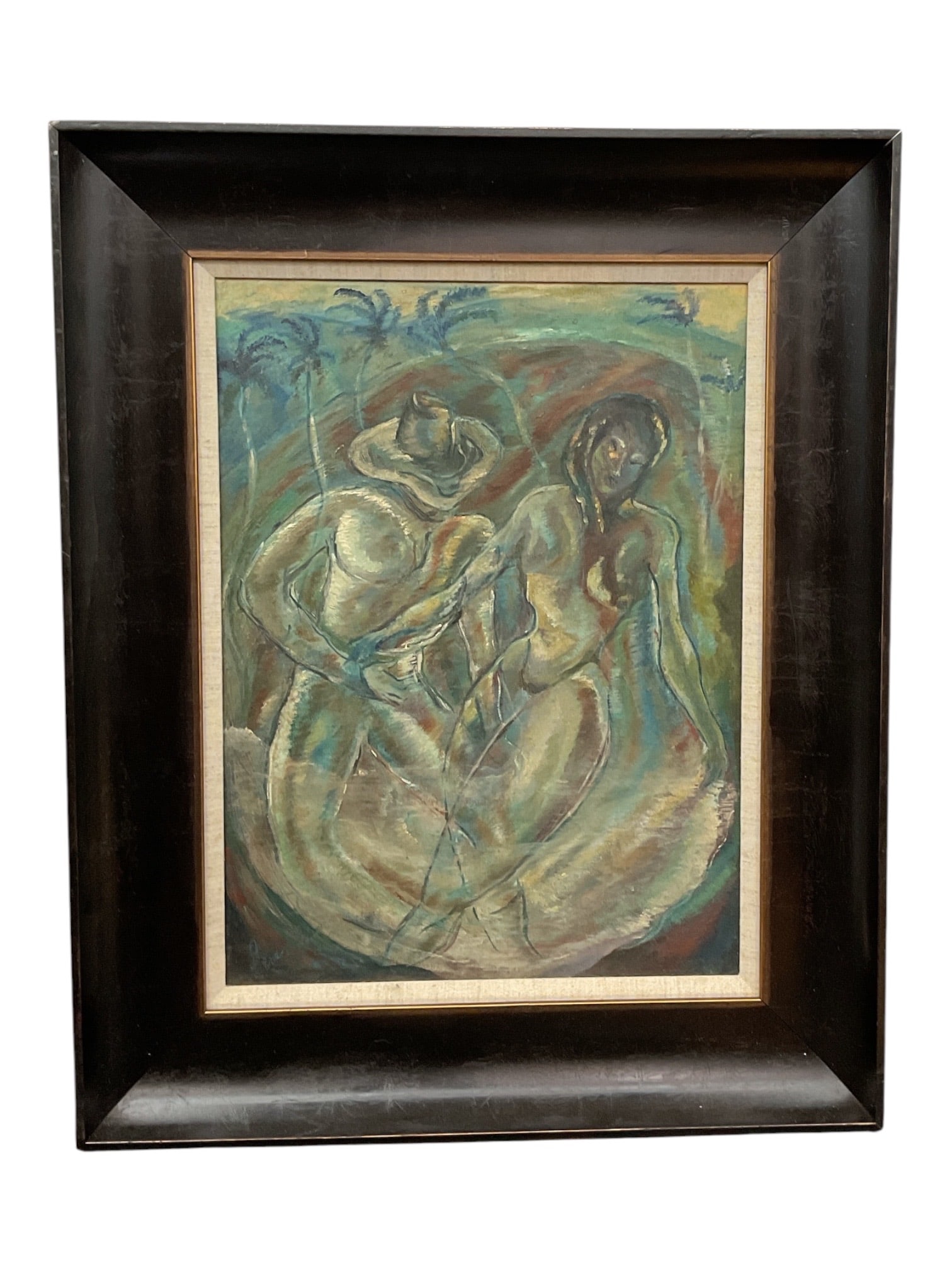 Attributed to Carlos Enríquez (Cuban, 1900–1957) Oil on Canvas: This figurative oil painting depicts a tropical landscape scene with two figures under palm trees, rendered in an expressive palette of blues, greens, and earth tones. Signed in the lower left, the wo