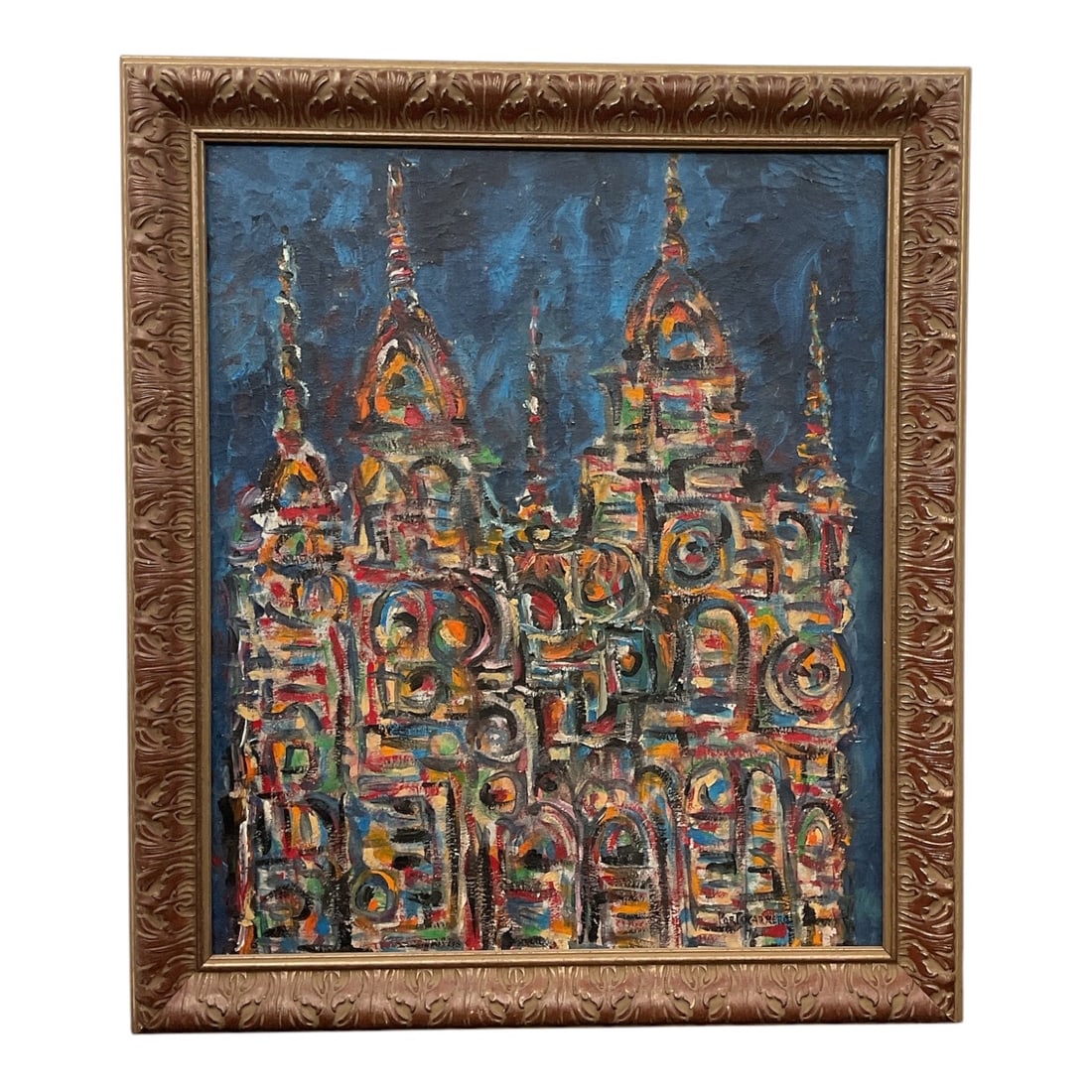 Attributed to René Portocarrero (Cuban, 1912–1985) Oil on Canvas: This textured expressionist oil painting depicts a soaring, ornate cathedral interior or façade rendered in a rich palette of deep blues, reds, yellows, and blacks against a dark background. Si