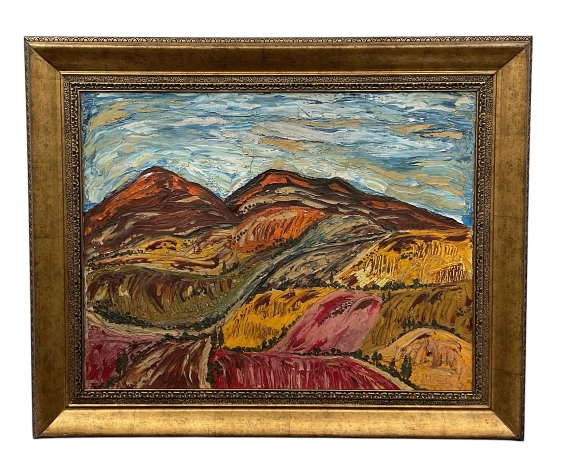 Attributed to Benjamín Palencia (Spanish, 1894–1980) Oil on Canvas: This textured impasto oil painting captures a vibrant rural landscape featuring rolling colorful hills, structured mountain forms, and an expressive sky rendered in thick brushwork. The piece is signe