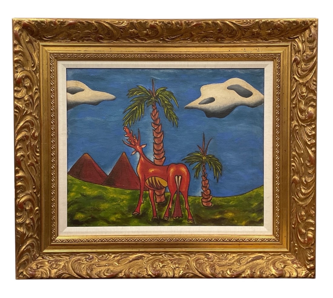 Attributed to Eugenio FernÃ¡ndez Granell (Spanish, 1912â€“2001) Oil on Canvas: This surrealist oil painting depicts a fantastical landscape featuring a stylized red creature, palm trees, pyramidal structures, and floating perforated cloud forms under a blue sky. Signed and dated
