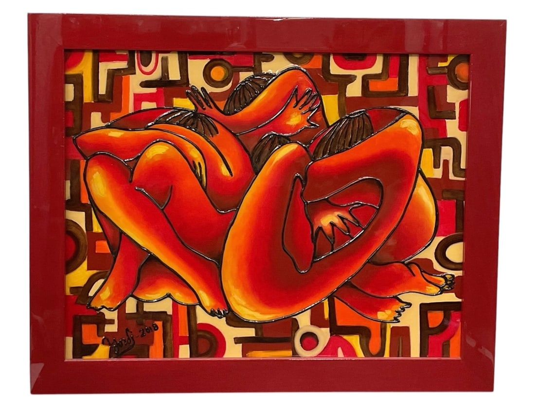 "La Verguenza" by Yordi Buergo (Cuban, b. 1978) Oil and Resin on Masonite: This vibrant figurative work features intertwined figures rendered in warm tones of red and orange against a patterned geometric background. Signed and dated in the lower left, the piece is housed in 