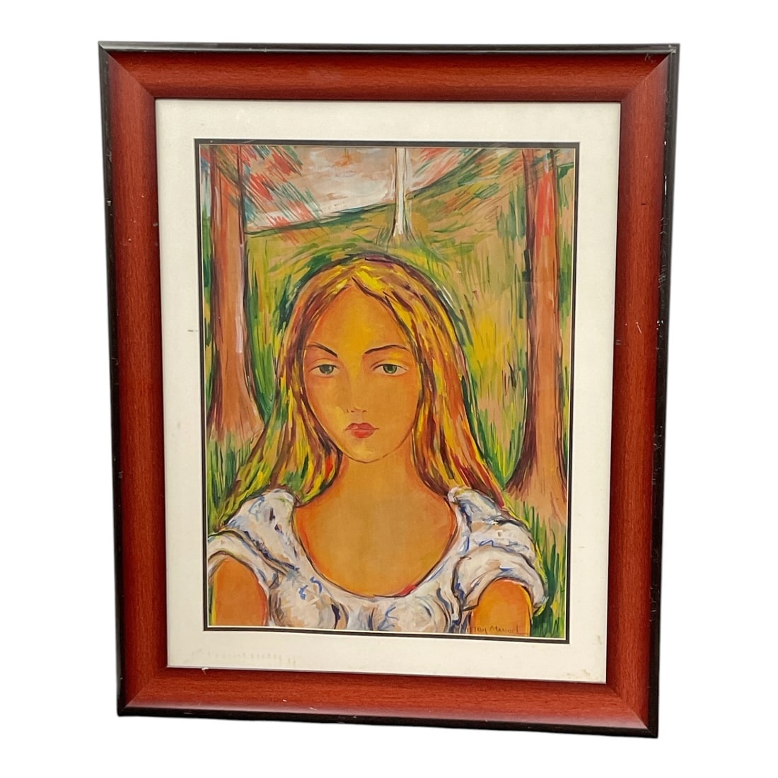 Attributed to Víctor Manuel (Cuban, 1897–1969) Oil on Canvas: This expressionist portrait depicts a young woman with flowing blonde hair and a white blouse set against a stylized landscape with trees. Signed in the lower right, the piece is housed in a warm wood