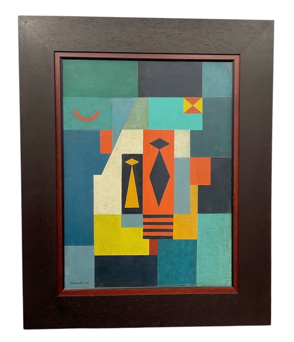 Attributed to Mario Carreño (Cuban, 1913–1999) Oil on Canvas: This geometric abstract composition features a structured arrangement of interlocking rectangles and color blocks in tones of blue, green, orange, and yellow, accented with distinct symbols and linear