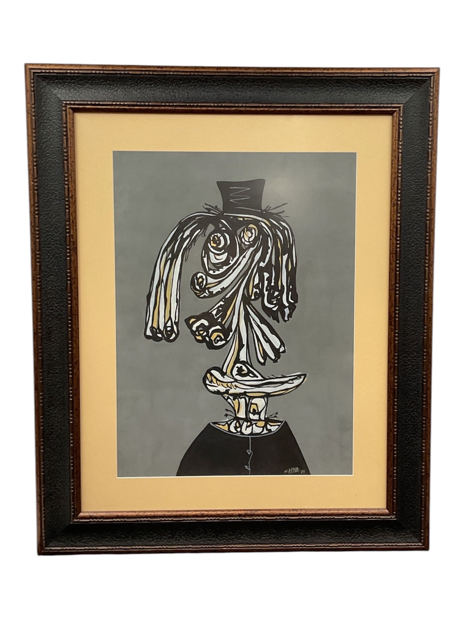 Attributed to Antonio Saura (Spanish, 1930–1998) Mixed Media on Paper: This expressionist mixed media work on paper features a grotesque, distorted figurative form wearing a small hat against a grey background. Signed and dated in the lower right, the piece is housed in 