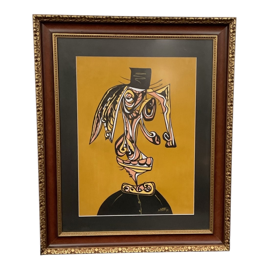 Antonio Saura (Spanish, 1930–1998) Mixed Media on Paper: This expressionist mixed media work on paper features a grotesque, distorted figurative form wearing a small hat against an ochre-toned background. Signed and dated in the lower right, the piece is ho