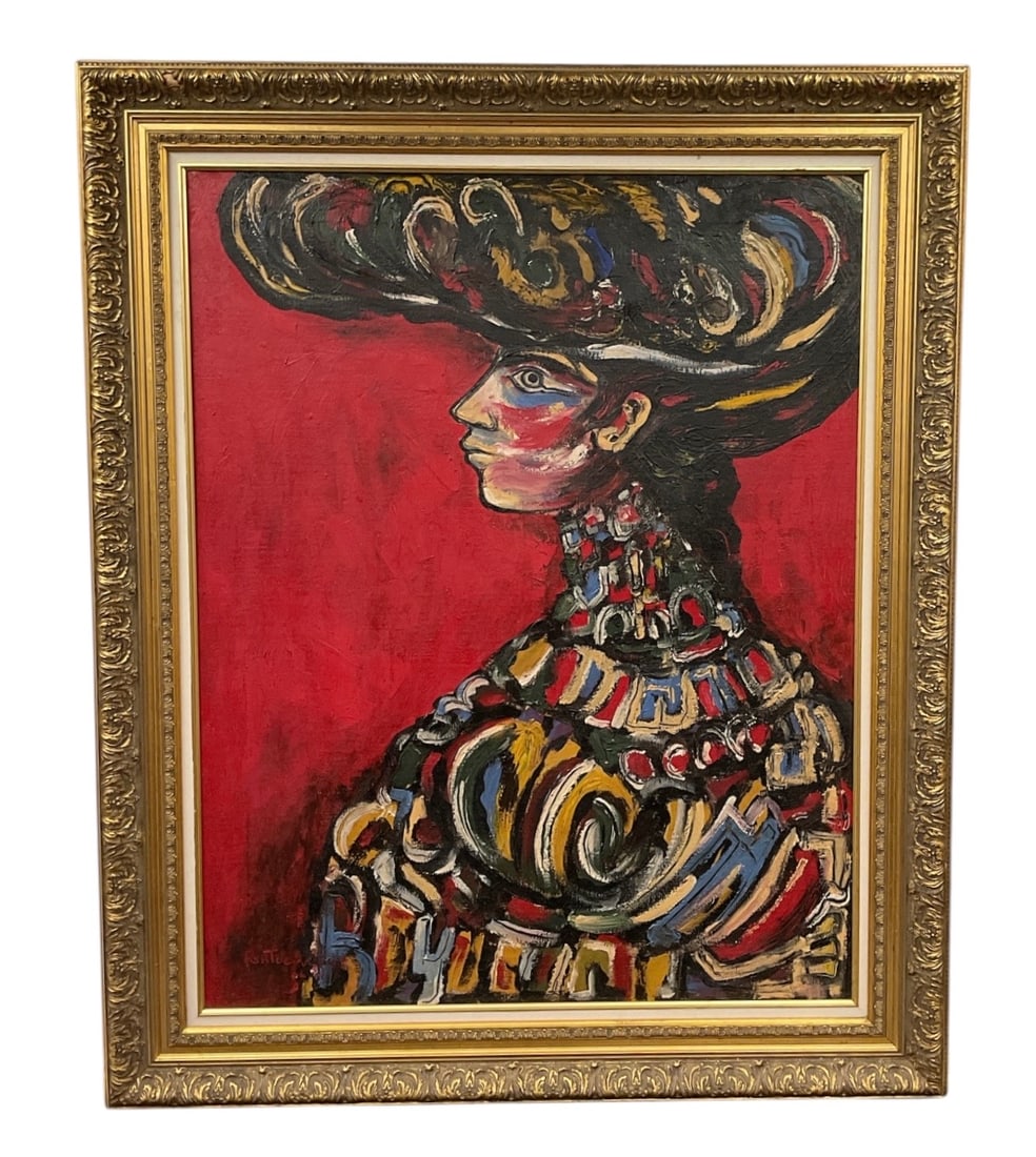 Attributed to René Portocarrero (Cuban, 1912–1985) Oil on Canvas: This striking expressionist portrait depicts a figure in profile adorned with an elaborate headpiece and ornate, jeweled collar against a bold red background. Signed and dated near the lower left, the