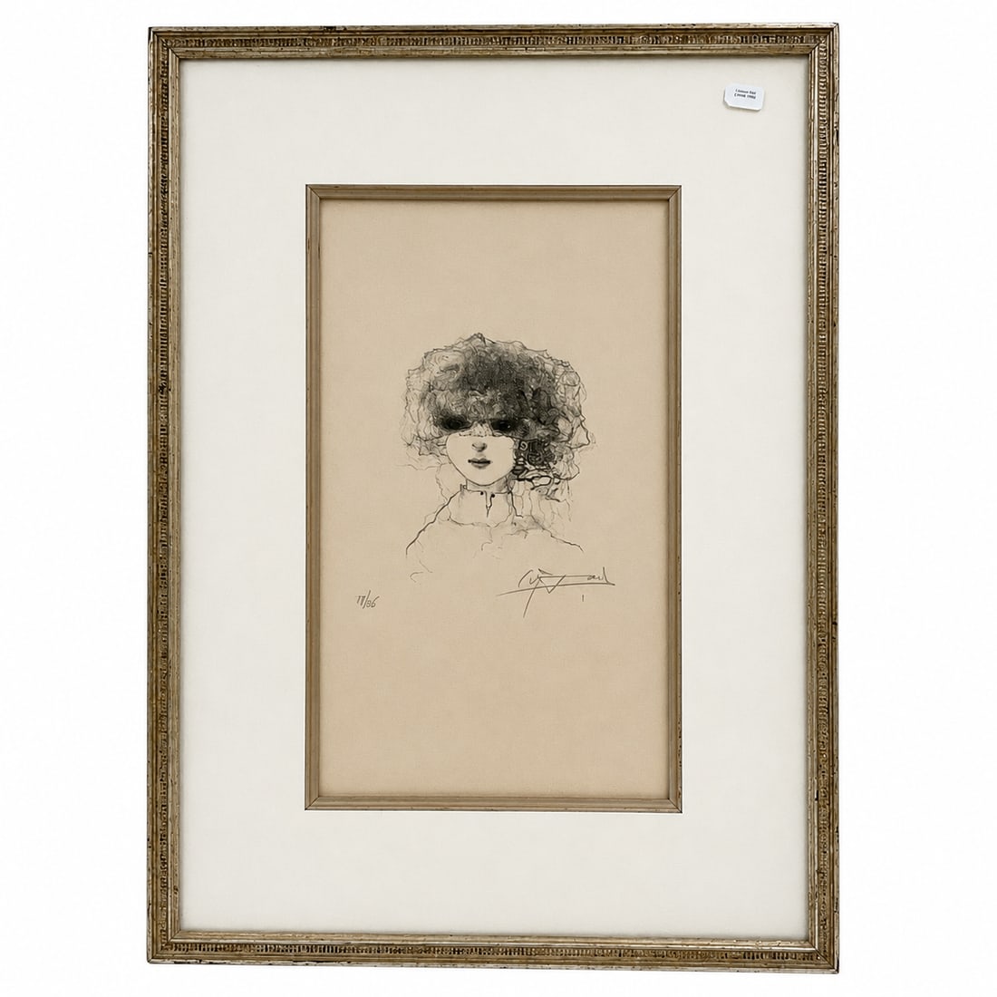 "Untitled" by Leonor Fini (Argentina, 1907-1996) Lithograph on Paper: A striking and ethereal portrait depicting a figure with soft, stylized features and voluminous, deeply textured dark hair that partially obscures the eyes. Executed with fine, expressive linework on 