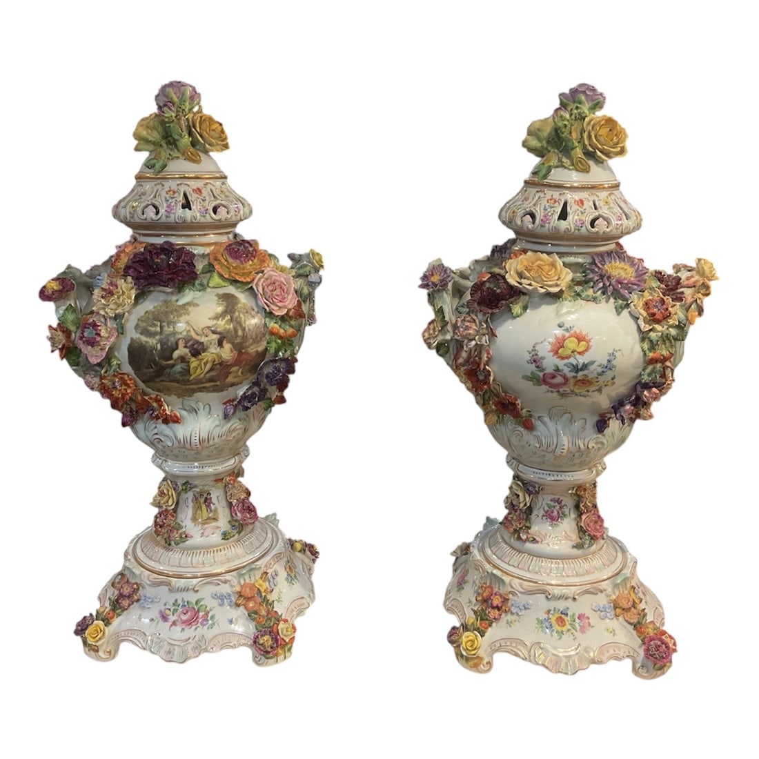 PC820 - Pair of Dresden Porcelain Covered Vases with Figural and Floral Encrustation (1 of 10)
