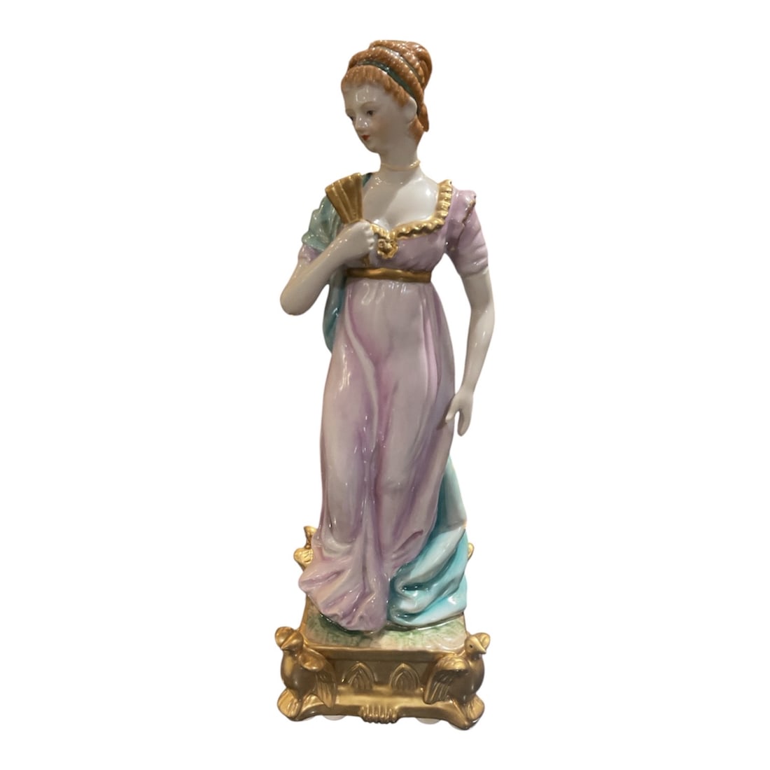 PC47? - Dresden Porcelain Figure of Lady in Pink Dress: A finely modeled Dresden porcelain figure depicting an elegant young lady in classical European attire, rendered with graceful proportions and delicate hand-painted decoration. The figure stands