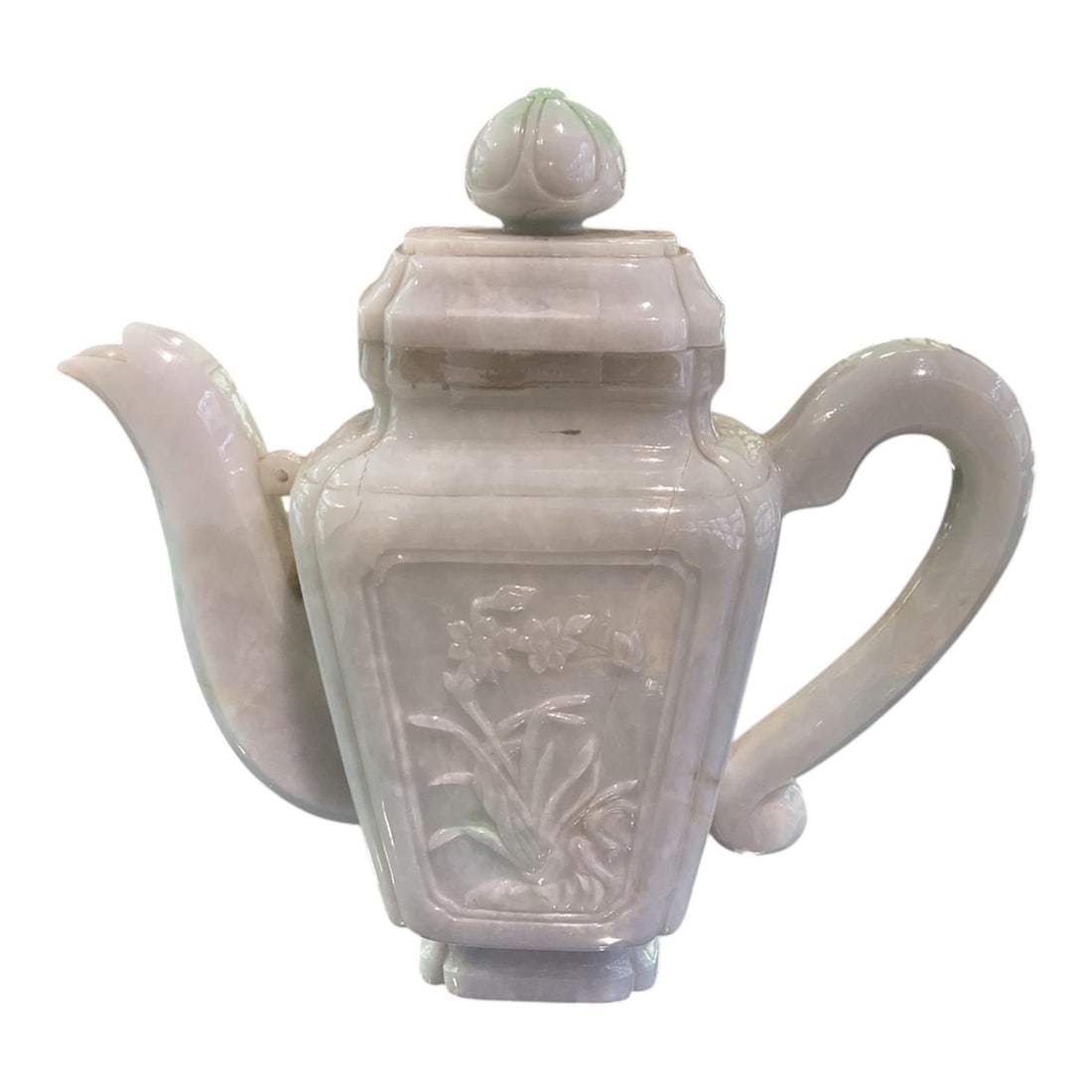 JD784 - Lavender Jade Carved Teapot: A finely carved jade teapot rendered in soft lav