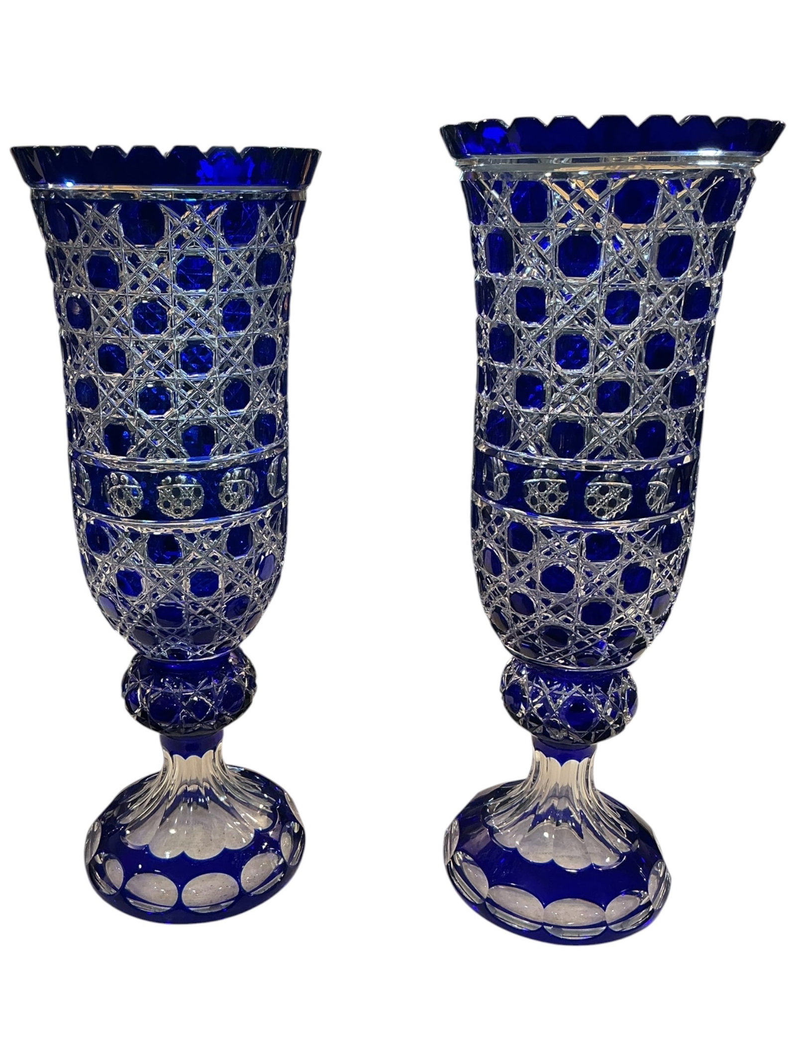 Pair of Blue and Clear Cut Crystal Urns: A striking pair of cut crystal urns featurin