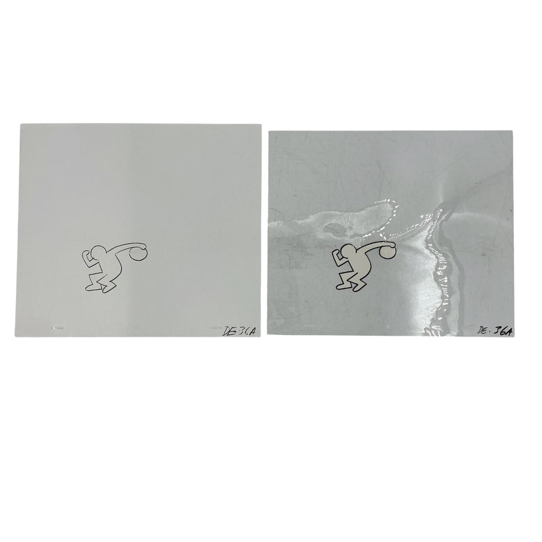 Man Bowling by Keith Haring (American, 1958–1990) Drawings on Acetate and Paper: DescriptionThis lot features a set of two matching drawings capturing a classic minimalist figural motif. The composition centers on a bold, simplified black contour drawing of a human figure mi