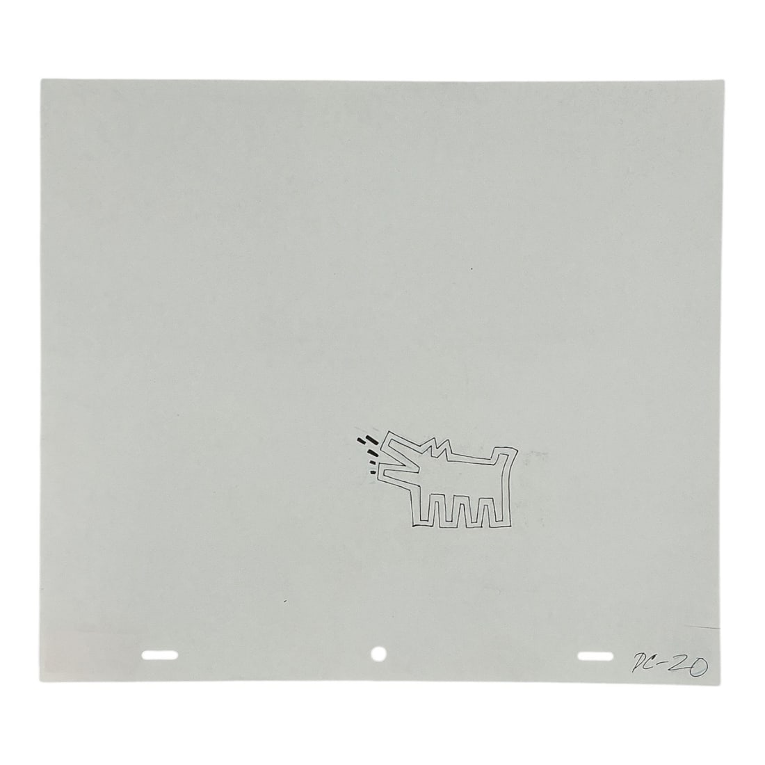 Barking Dog by Keith Haring (American, 1958â€“1990) Drawing on paper.: DescriptionThis lot features a minimalist black ink line drawing on paper depicting Keith Haring's iconic barking dog motif. The composition presents the signature stylized canine with an op