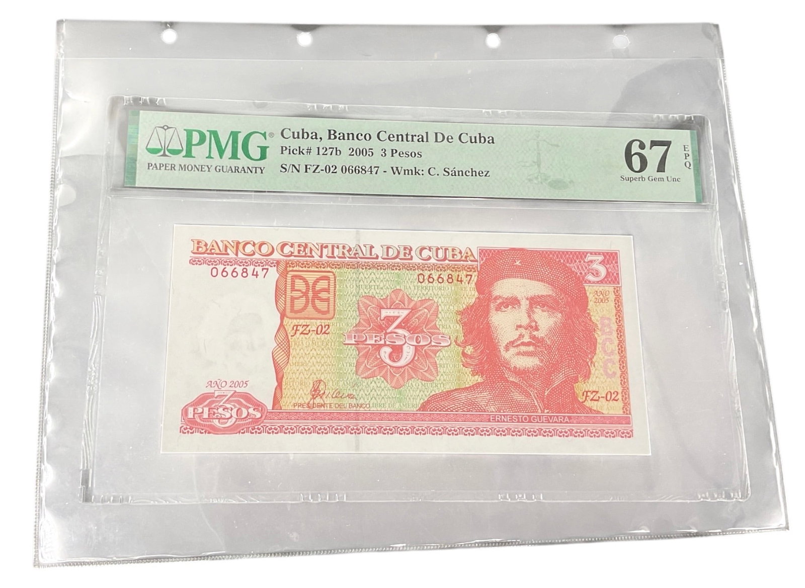 Banco Central de Cuba 3 Pesos 2005 Banknote PMG 67: Cuban Banco Central de Cuba 3 Pesos banknote, professionally certified and encapsulated by Paper Money Guaranty (PMG). The note is identified on the PMG holder as Pick 127a and has been awarded the ex