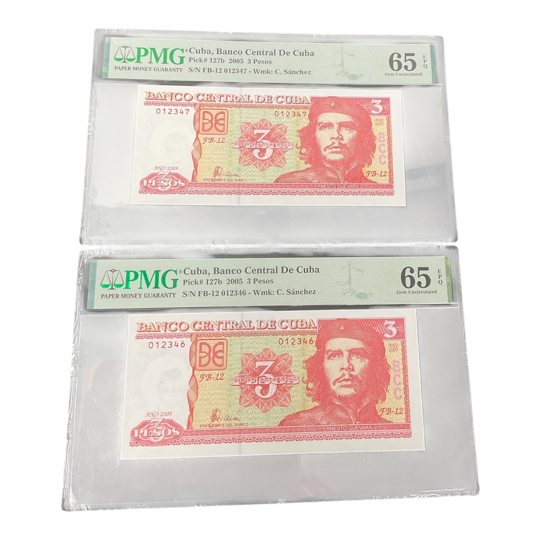Banco Central de Cuba 3 Pesos 2005 Banknotes, Pair, PMG 65 (1 of 2)