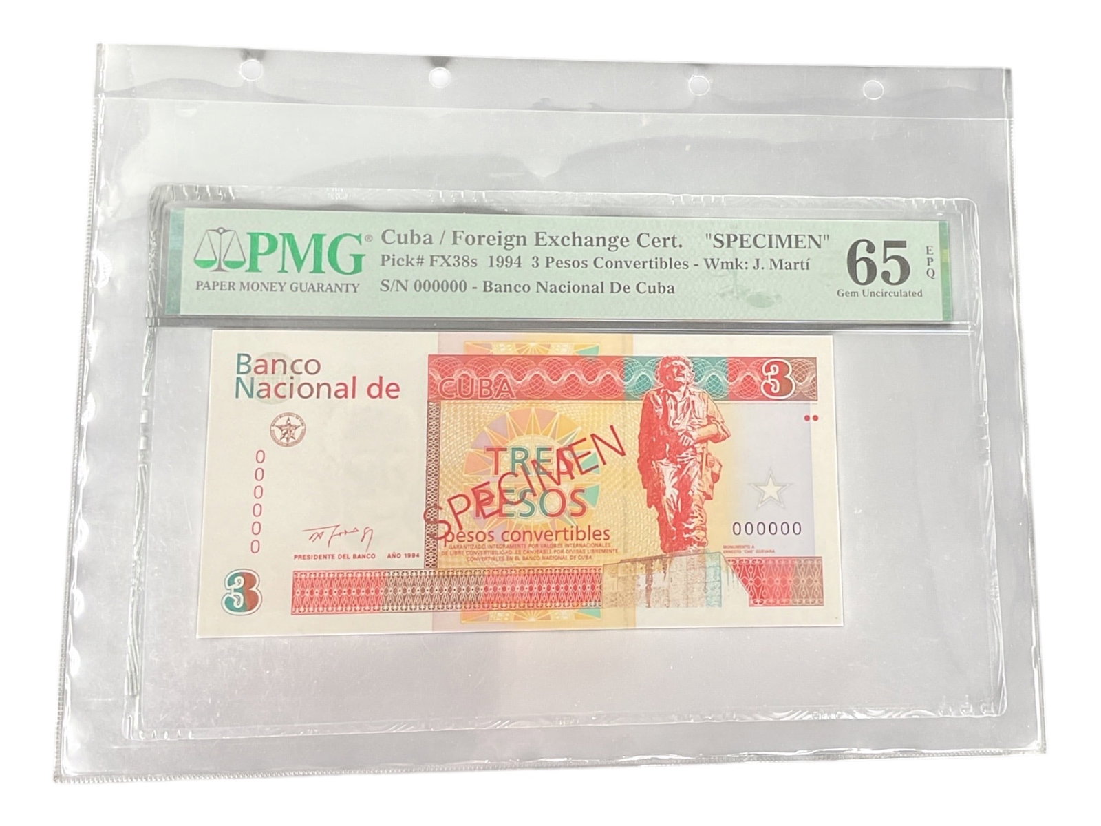 3 Pesos 1994 Foreign Exchange Certificate Specimen PMG 65 Uncirculated: Cuban 3 Pesos Foreign Exchange Certificate specimen, professionally certified and encapsulated by Paper Money Guaranty (PMG). The certificate is identified on the PMG holder as Pick FX8s and has been 