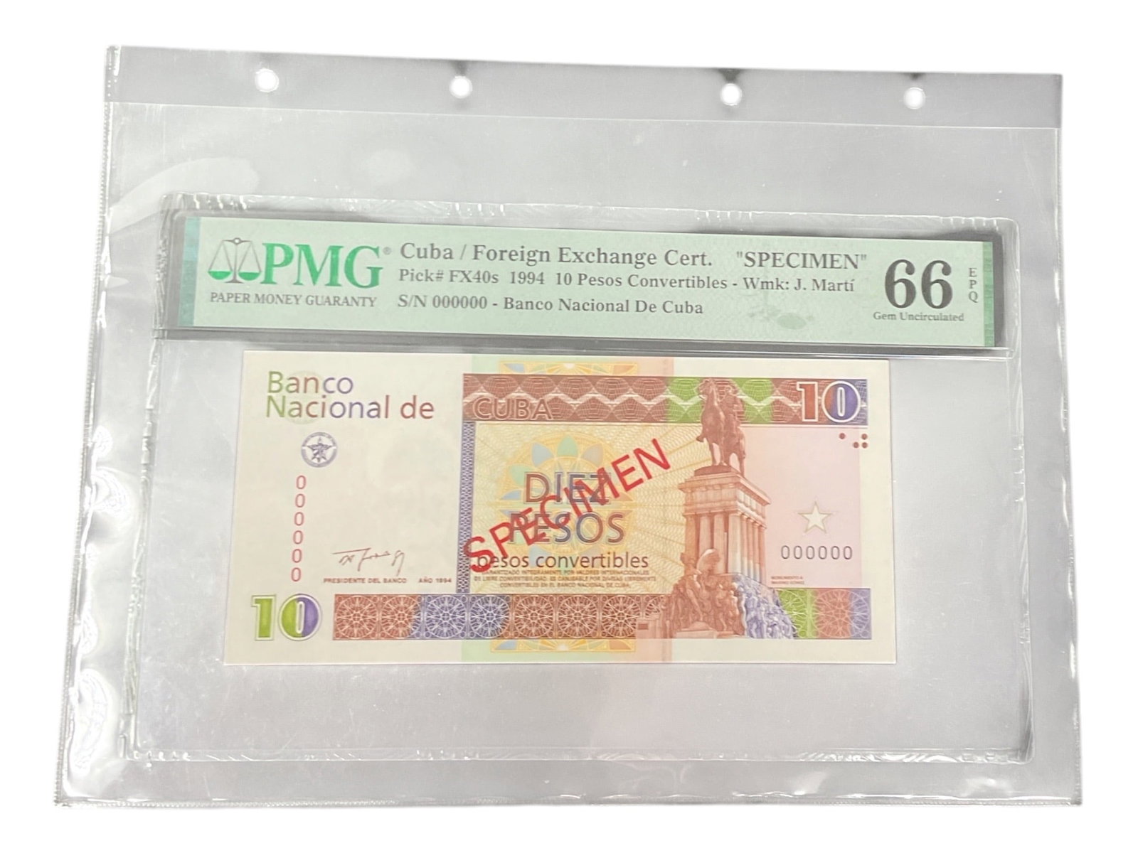 Cuba 10 Pesos 1994 Foreign Exchange Certificate Specimen PMG Gem Uncirculated 66 EPQ (1 of 2)
