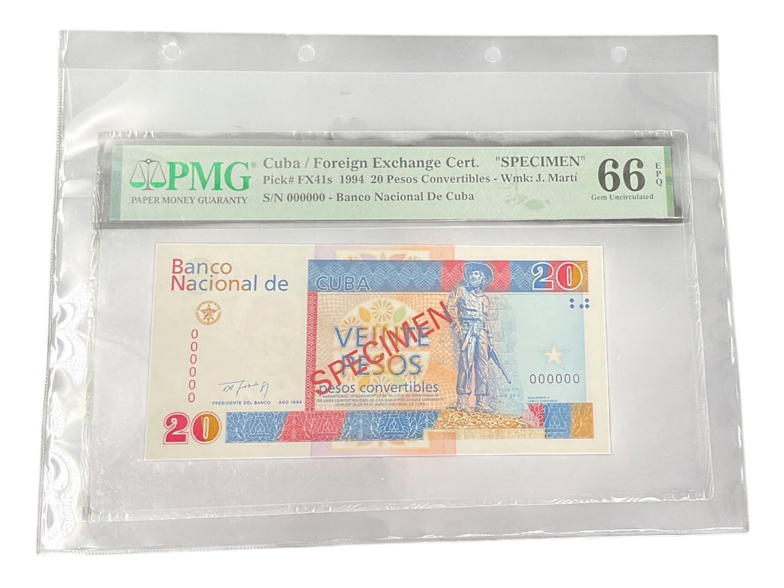 Cuba 20 Pesos 1994 Foreign Exchange Certificate Specimen PMG Gem Uncirculated 66 EPQ (1 of 2)